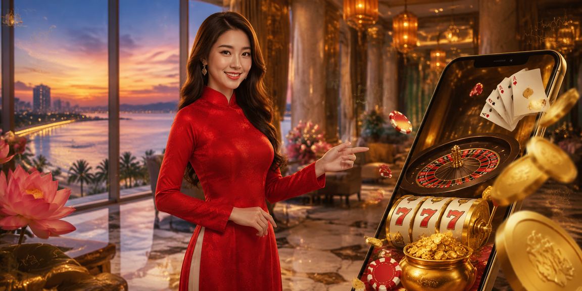 Người dùng tại Đà Nẵng mặc áo dài sử dụng điện thoại truy cập casino trực tuyến