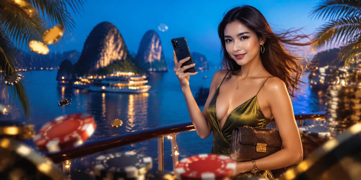 Người dùng xem esports betting tại Hạ Long với cảnh vịnh biển phía sau